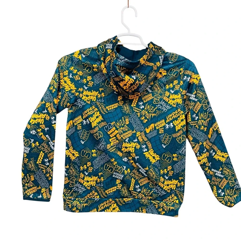 Under Armour Youth Hoodie Graphic Print‎ Teal Yellow Pullover Hooded Sweatshirt